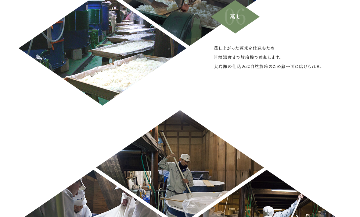 06.蒸し 蒸し上がった蒸米を仕込むため目標温度まで放冷機で冷却します。大吟醸の仕込みは自然放冷のため蔵一面に広げられる。